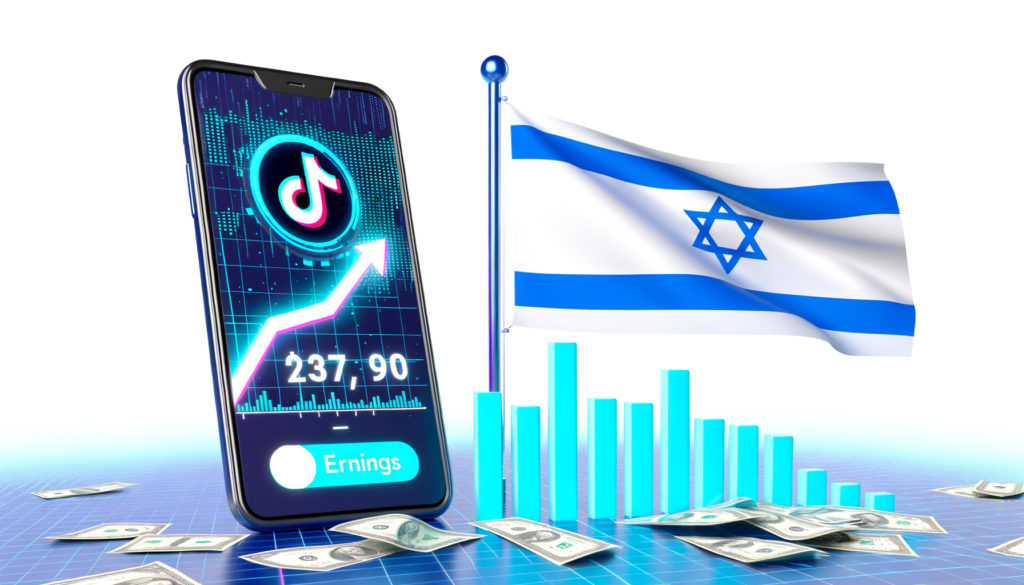 מסך טיקטוק פתוח עם גרף רווחים לצד דגל ישראל, המדגיש את פוטנציאל ההכנסה לכוכבים מקומיים.